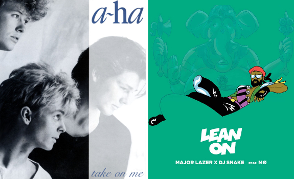 Going from A-Ha 'Take On Me' to Major Lazer 'Lean On' (without a talk break or station imaging in between) does not guarantee the best musical transition (images: Warner Bros., Warner Music Group)