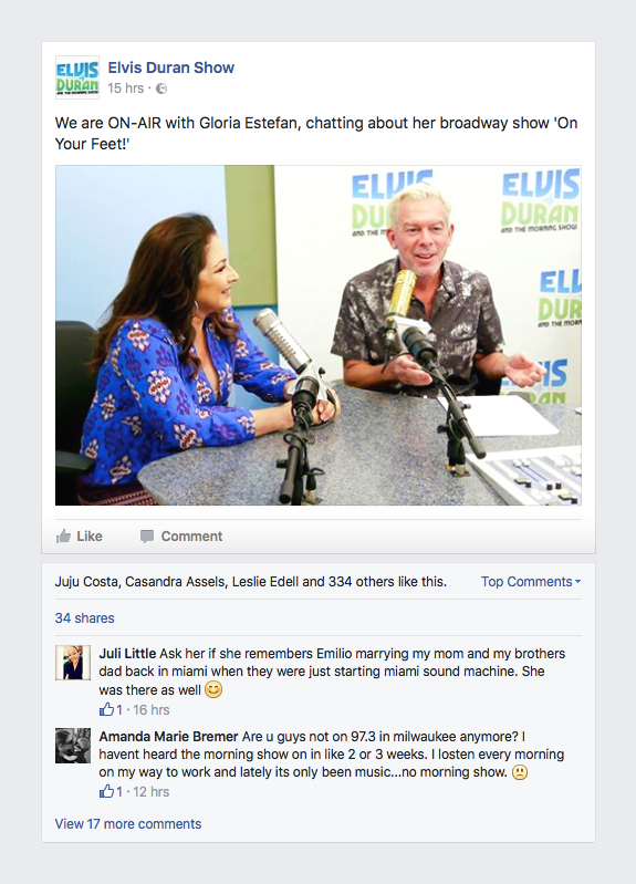 Social media platforms (or radio station websites including social media elements, like a timeline feed, comment section and sharing possibilities) offer benefits for publishing and interaction (image: Facebook / Elvis Duran & The Morning Show)
