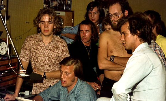 www.radioiloveit.com | Discjockeys, presenters and technicians of Radio North Sea International in the studio of the transmitter ship, in the last days before the closedown in August 1974 as a result of the Dutch government's ratification of the 'anti-piracy' Strasbourg Convention (photo: Lion Keezer)